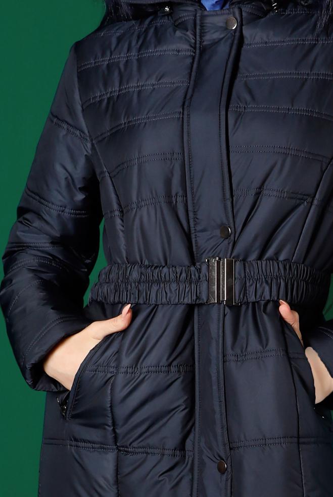 Hijab clothing NAVY BLUE FURRY HOODED FURRY COAT 90321  - ALVİNA