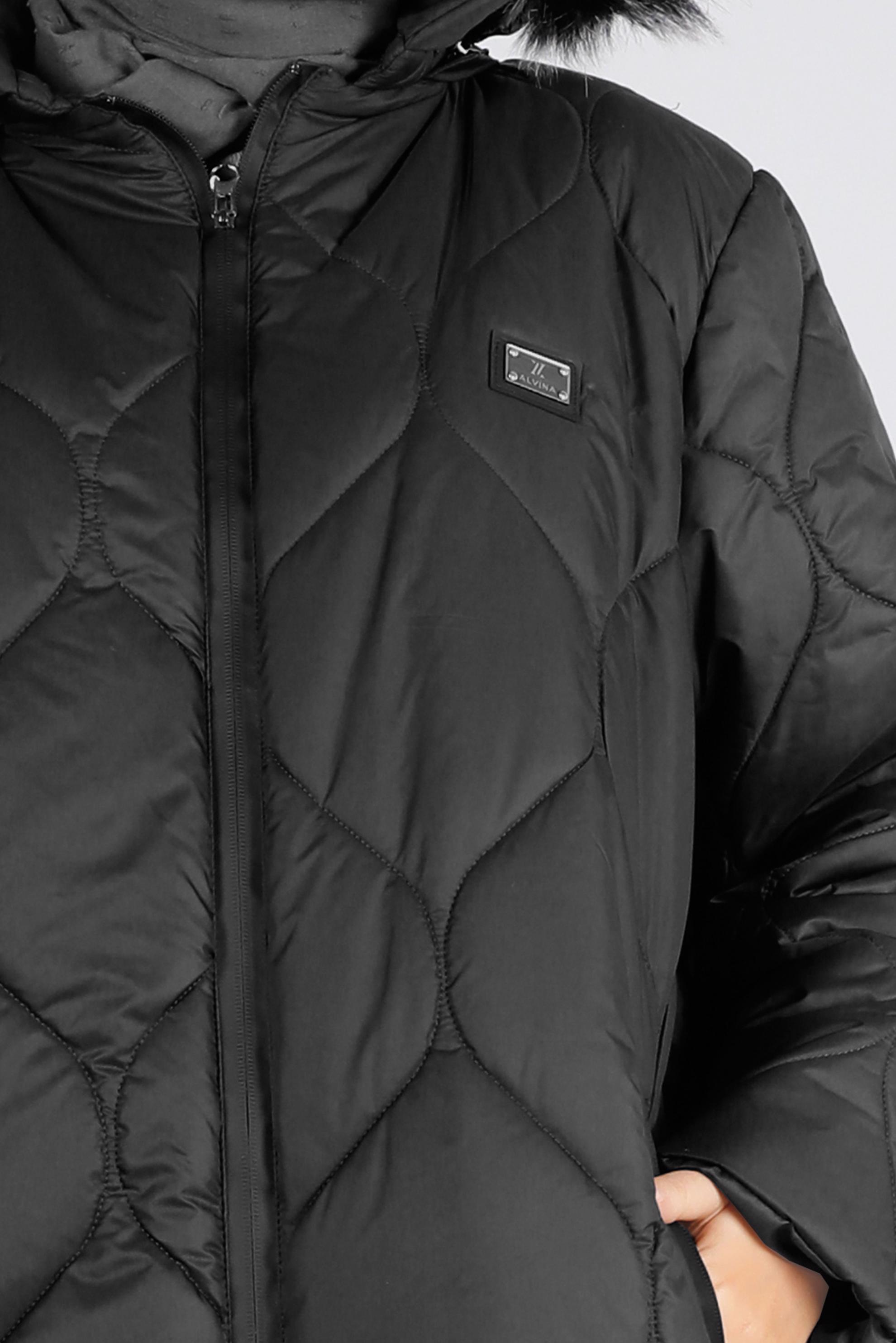 Tesettür giyim SİYAH KAPÜŞONU KÜRKLÜ BÜYÜK BEDEN ŞİŞME MANTO 90333 