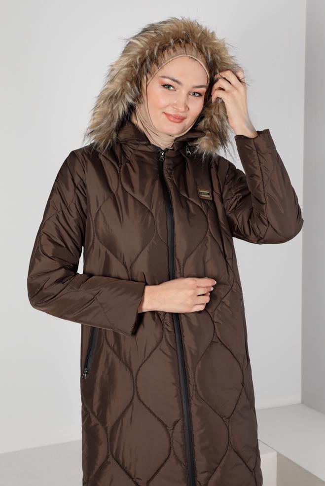 Hijab clothing BROWN FURRY HOODED PLUS SIZE PUFFER COAT 90333  - ALVİNA