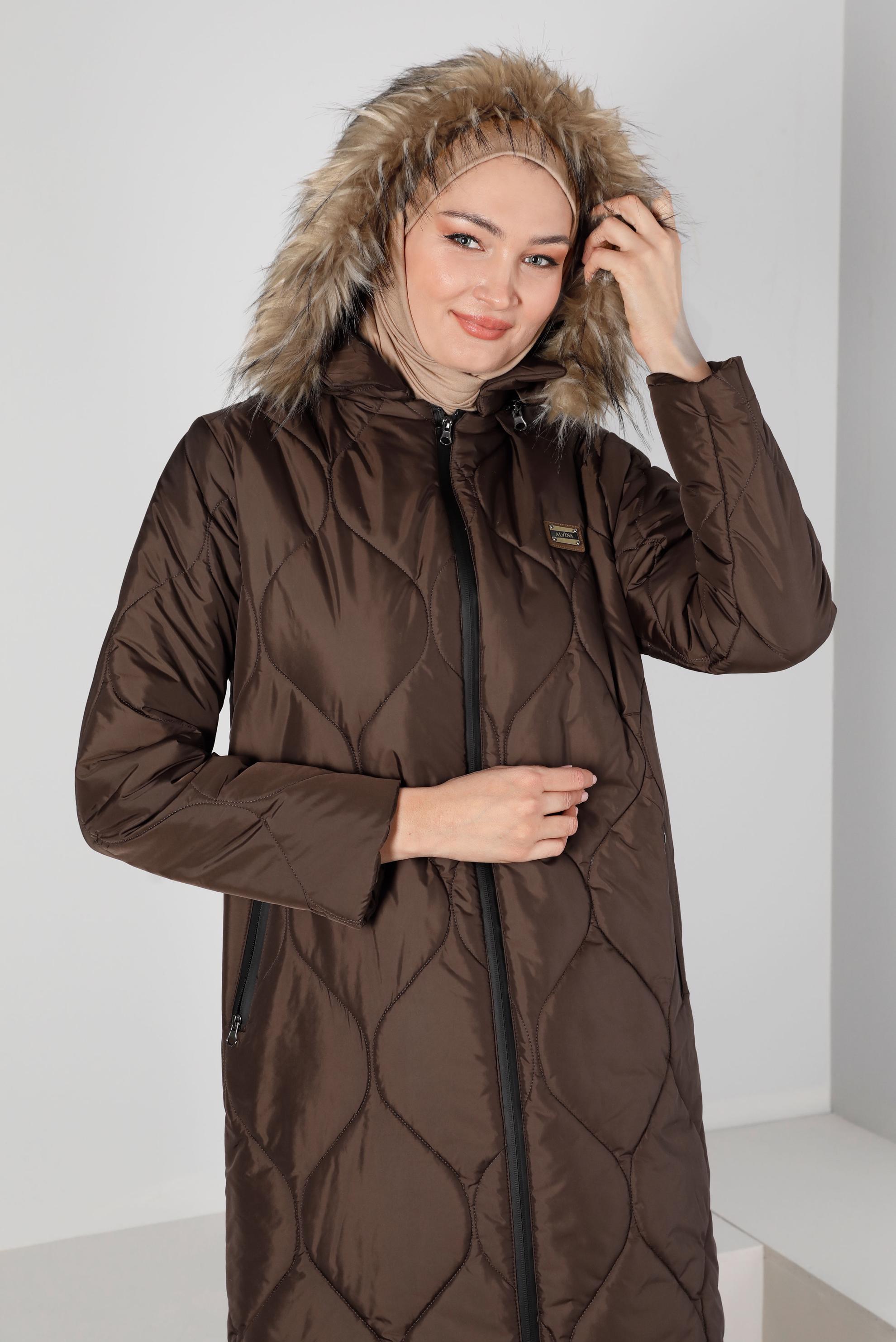 Vêtements hijab BRUN MANTEAU REMBOURRÉ GRANDE TAILLE À CAPUCHE FOURRURE 90333