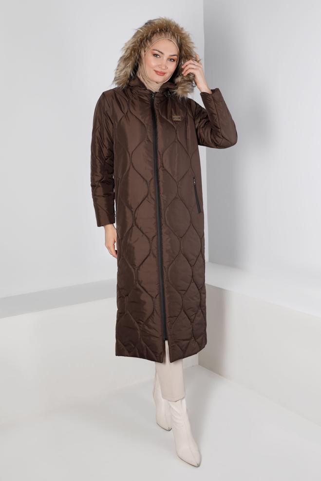 Hijab clothing BROWN FURRY HOODED PLUS SIZE PUFFER COAT 90333  - ALVİNA