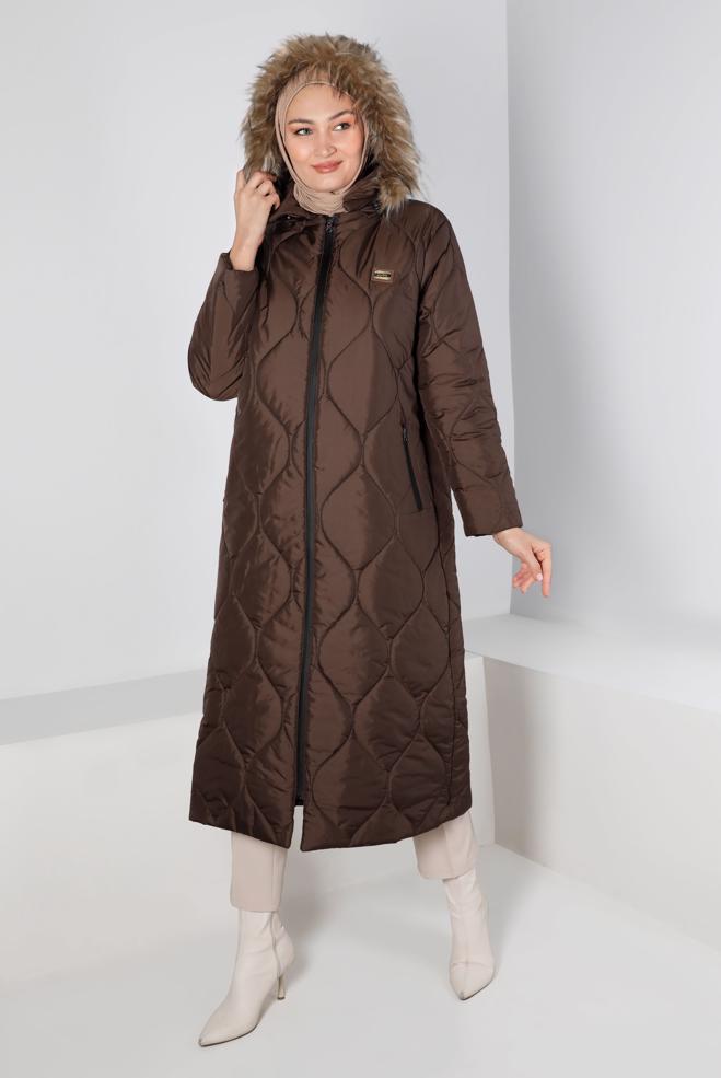 Hijab clothing BROWN FURRY HOODED PLUS SIZE PUFFER COAT 90333  - ALVİNA