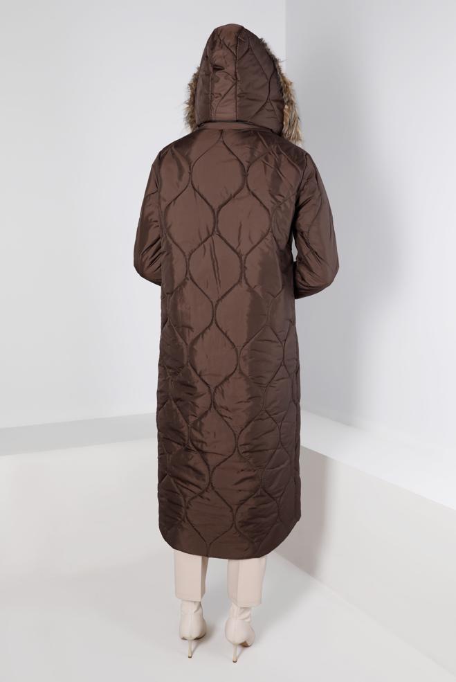 Hijab clothing BROWN FURRY HOODED PLUS SIZE PUFFER COAT 90333  - ALVİNA