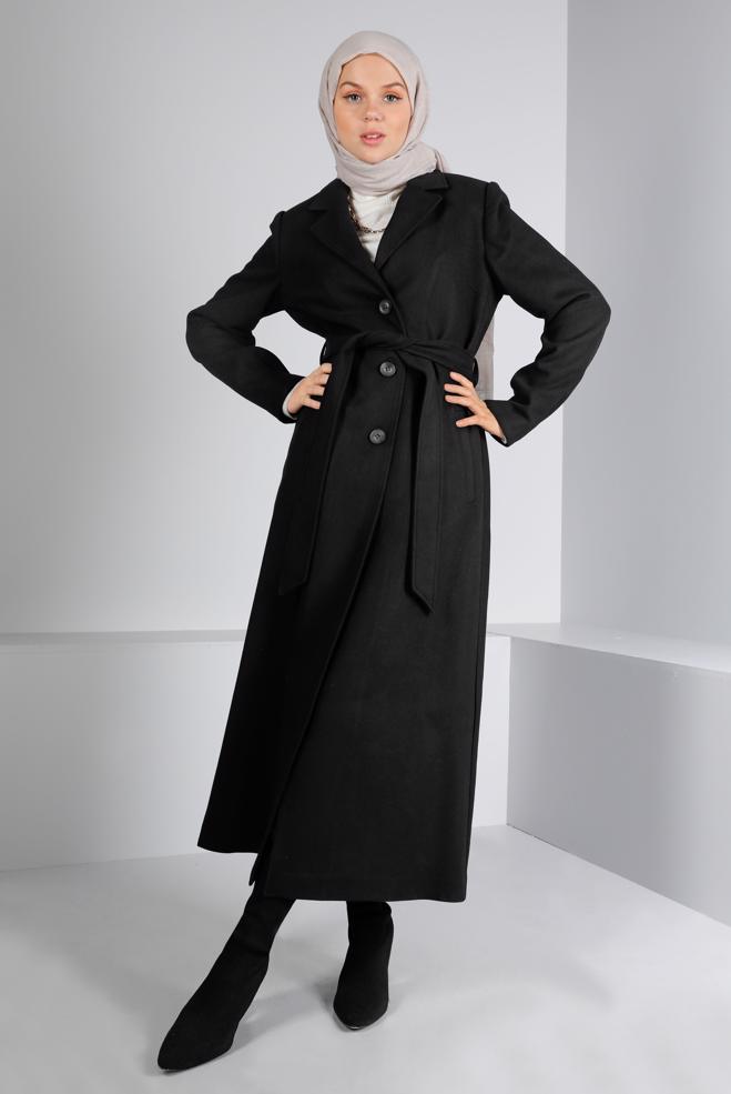 Tesettür giyim  DÜĞMELİ KUŞAKLI MANTO 90345  - ALVİNA