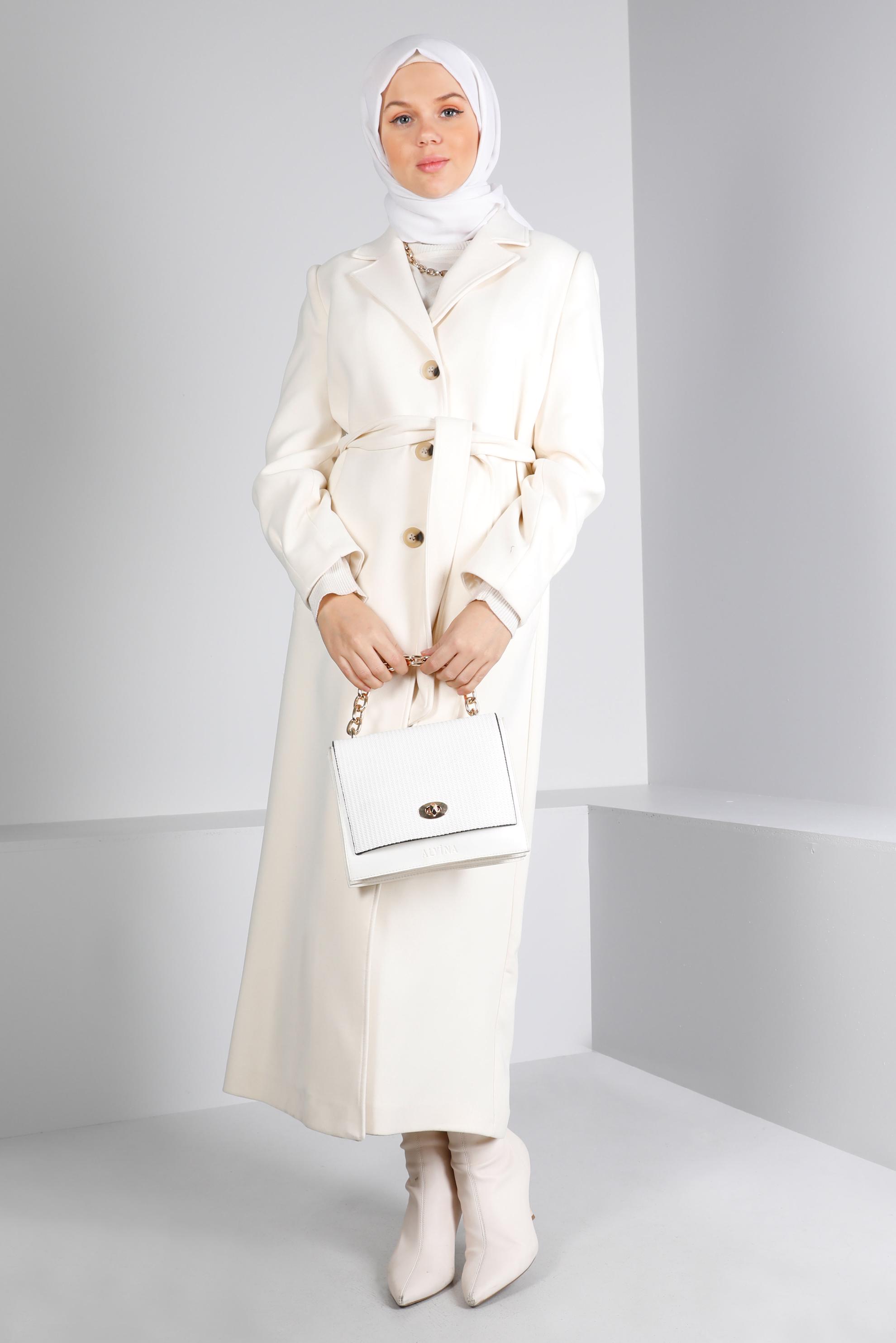 Vêtements hijab BLANC MANTEAU AVEC CEINTURE ET BOUTONS 90345