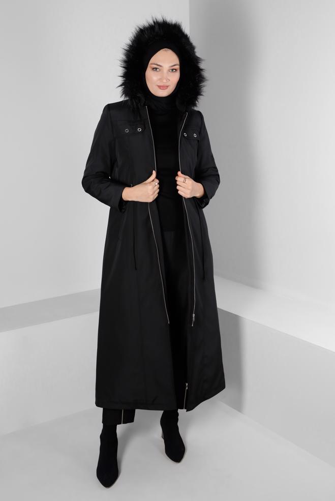 Hijab clothing BLACK FURRY HOODED ZIPPERED COAT 90373 - ALVİNA
