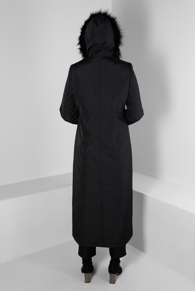 Hijab clothing BLACK FURRY HOODED ZIPPERED COAT 90373 - ALVİNA