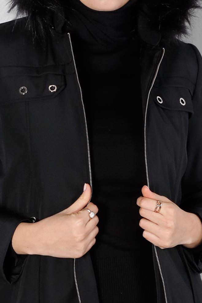 Hijab clothing BLACK FURRY HOODED ZIPPERED COAT 90373 - ALVİNA
