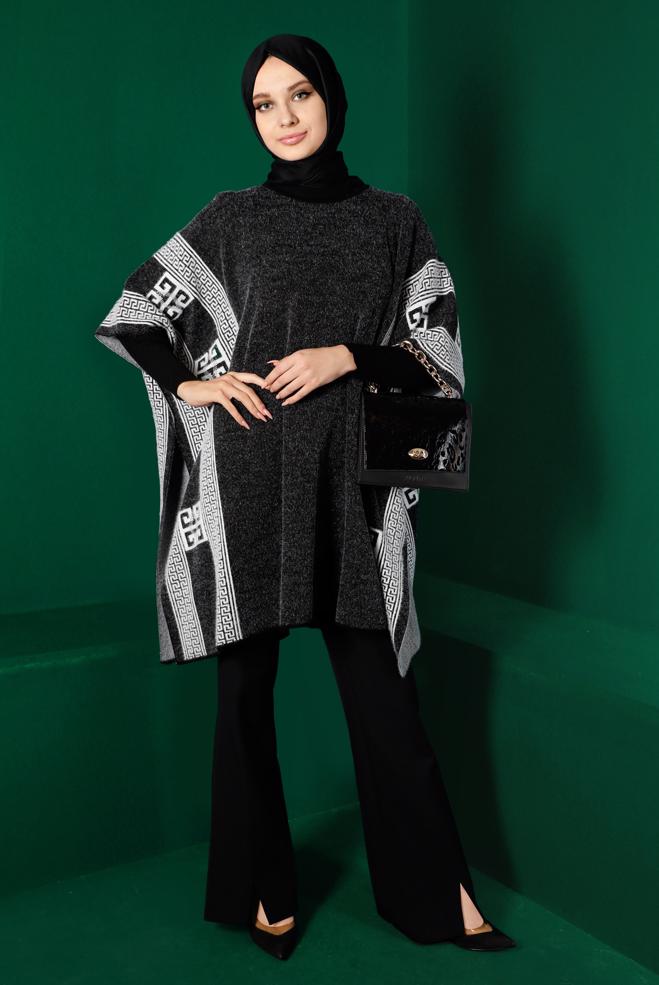 Tesettür giyim SİYAH YARASA KOL TRİKO PANÇO 43206 - ALVİNA