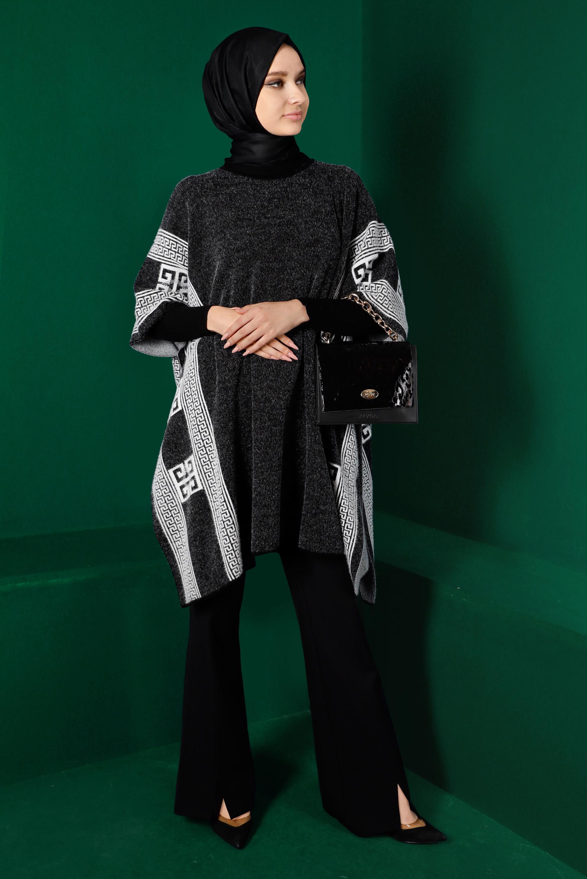 Vêtements hijab NOIR PONCHO EN MAILLE À MANCHES CHAUVE-SOURIS 43206