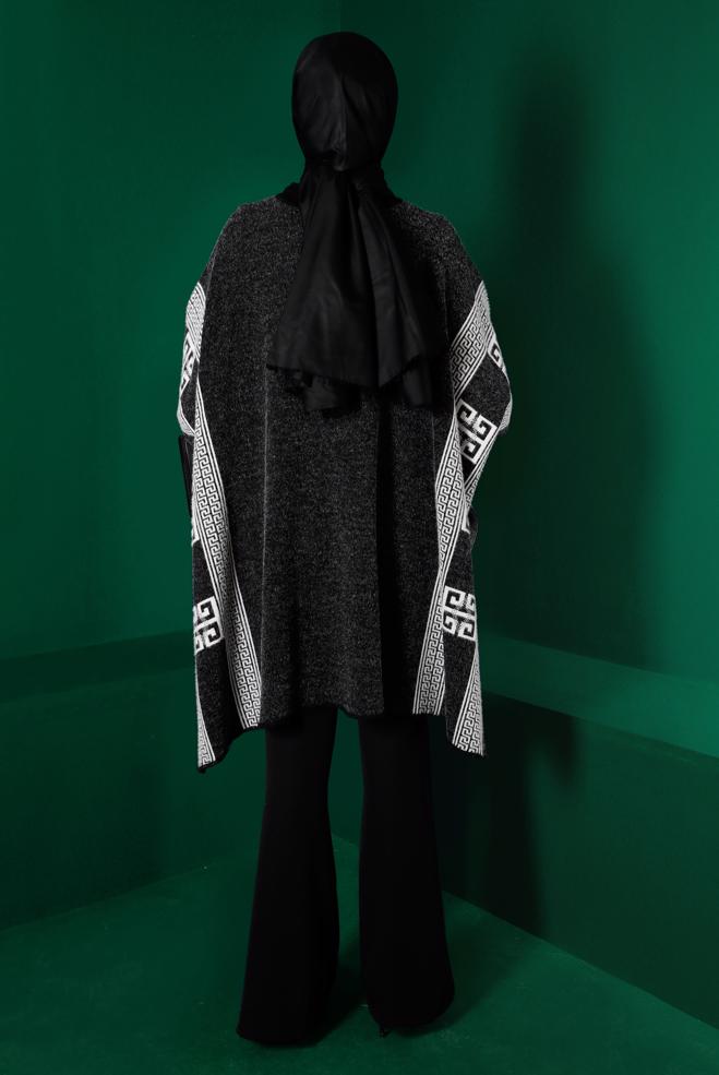 Tesettür giyim SİYAH YARASA KOL TRİKO PANÇO 43206 - ALVİNA