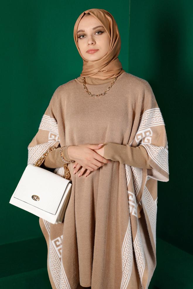 Tesettür giyim KAHVE YARASA KOL TRİKO PANÇO 43206 - ALVİNA