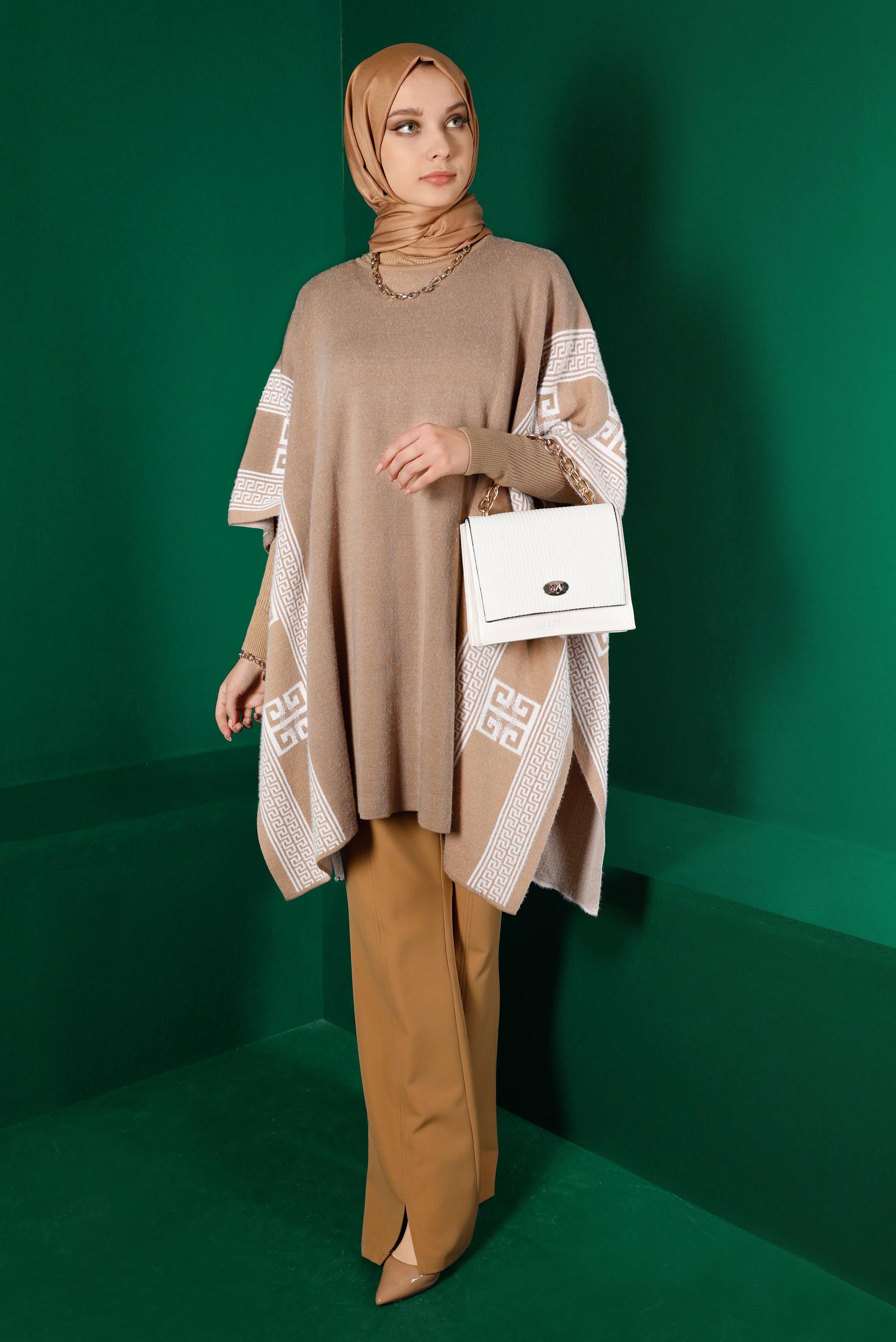 Vêtements hijab BRUN PONCHO EN MAILLE À MANCHES CHAUVE-SOURIS 43206