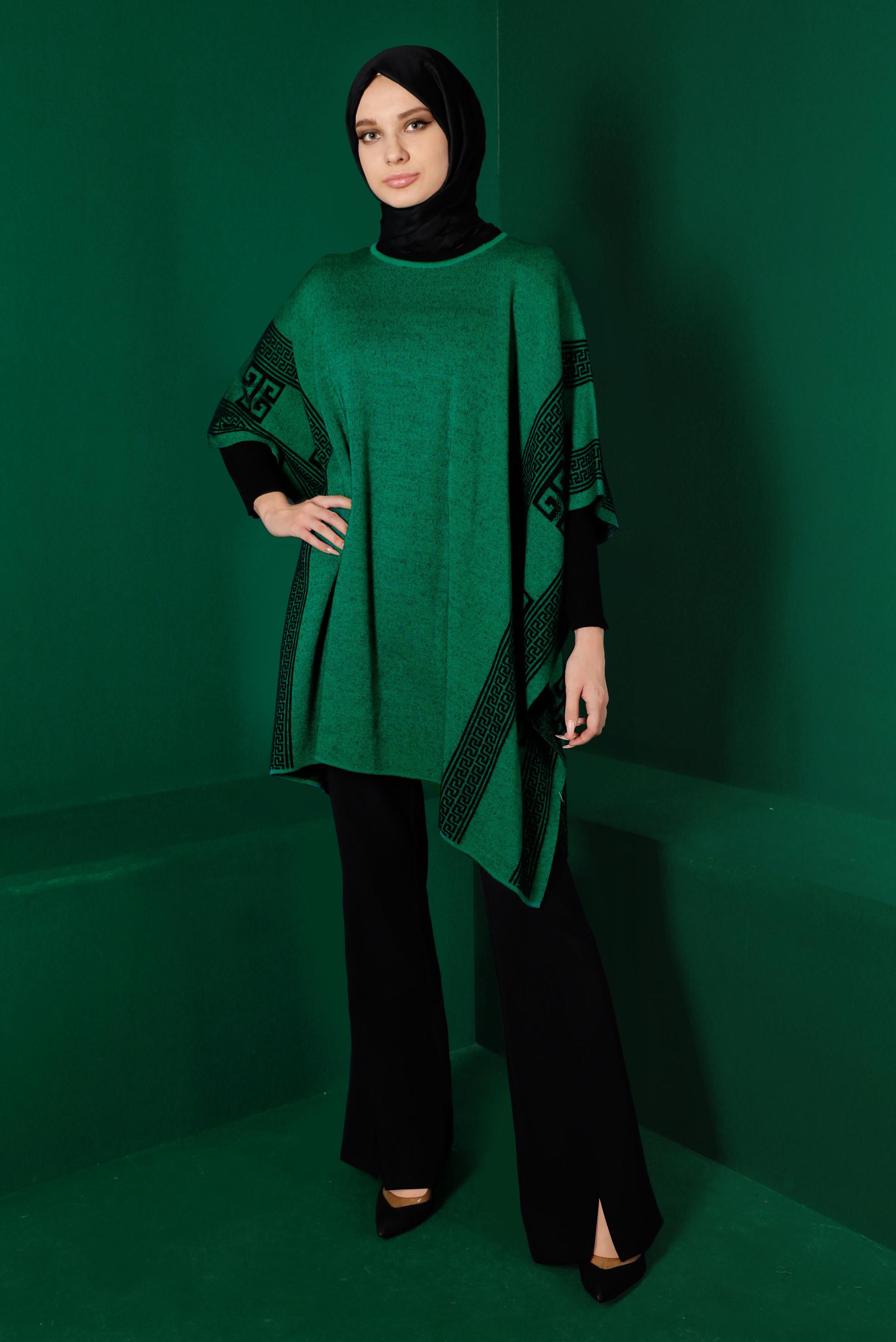 Tesettür giyim YEŞİL YARASA KOL TRİKO PANÇO 43206