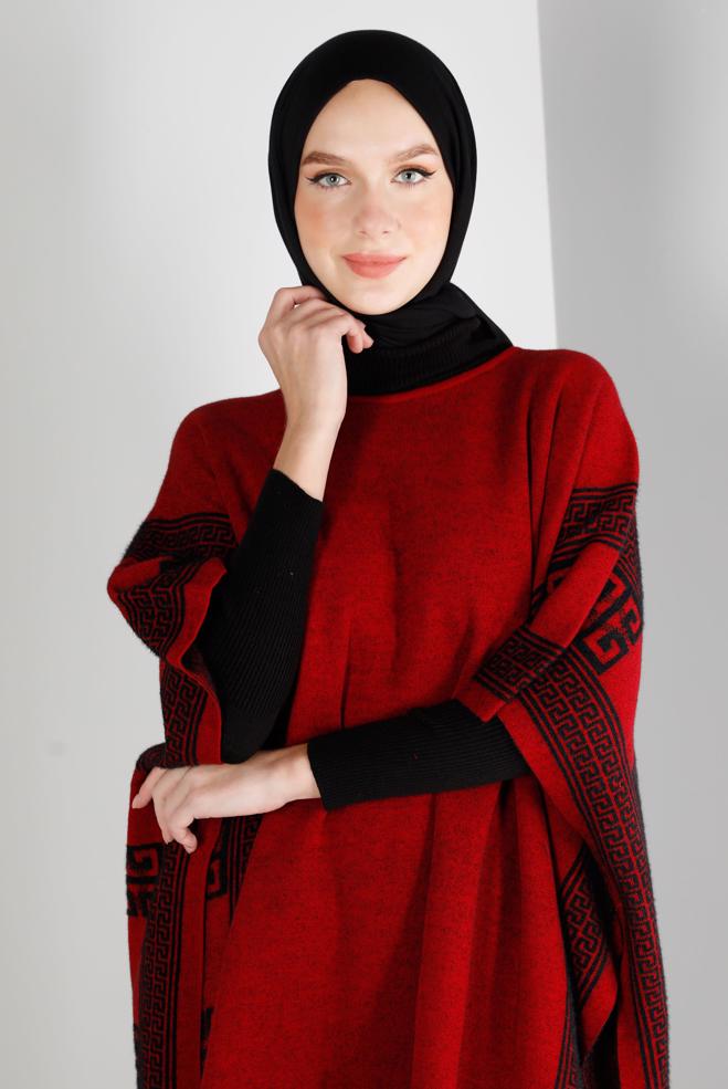 Tesettür giyim BORDO YARASA KOL TRİKO PANÇO 43206 - ALVİNA