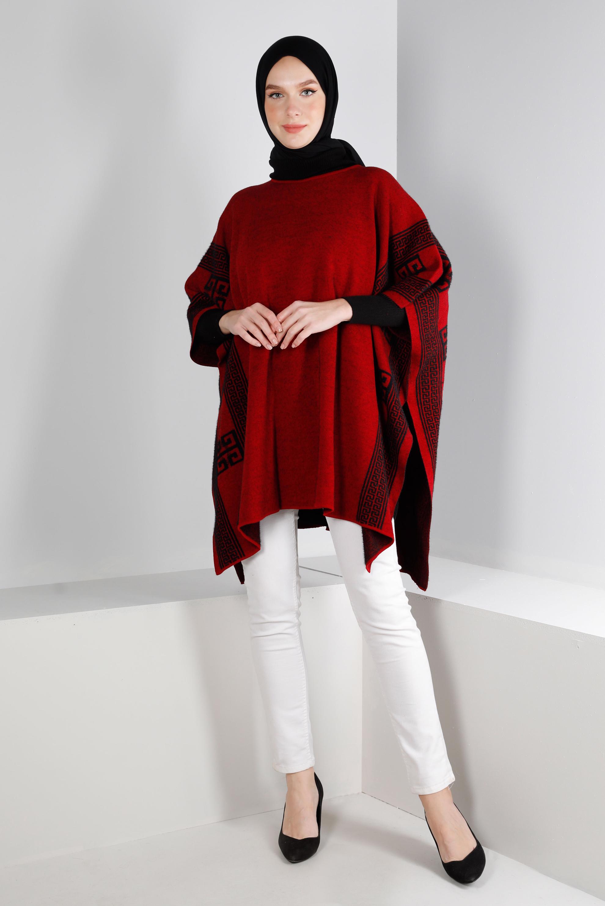 Tesettür giyim BORDO YARASA KOL TRİKO PANÇO 43206