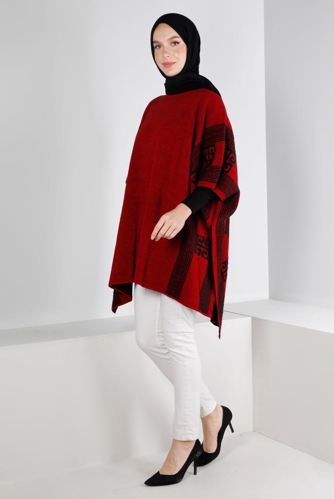 Tesettür giyim BORDO YARASA KOL TRİKO PANÇO 43206 - ALVİNA