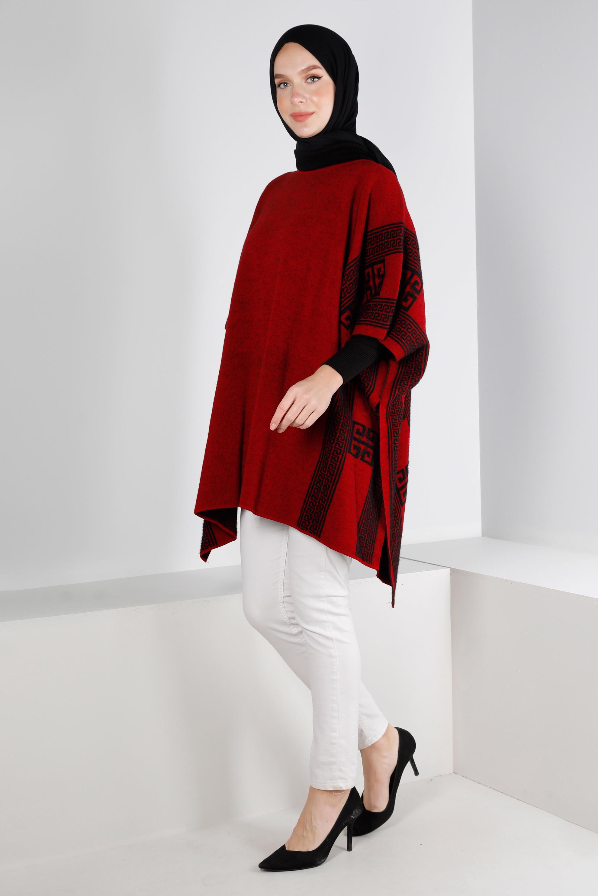 Tesettür giyim BORDO YARASA KOL TRİKO PANÇO 43206