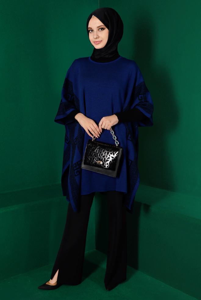 Tesettür giyim MAVİ YARASA KOL TRİKO PANÇO 43206 - ALVİNA