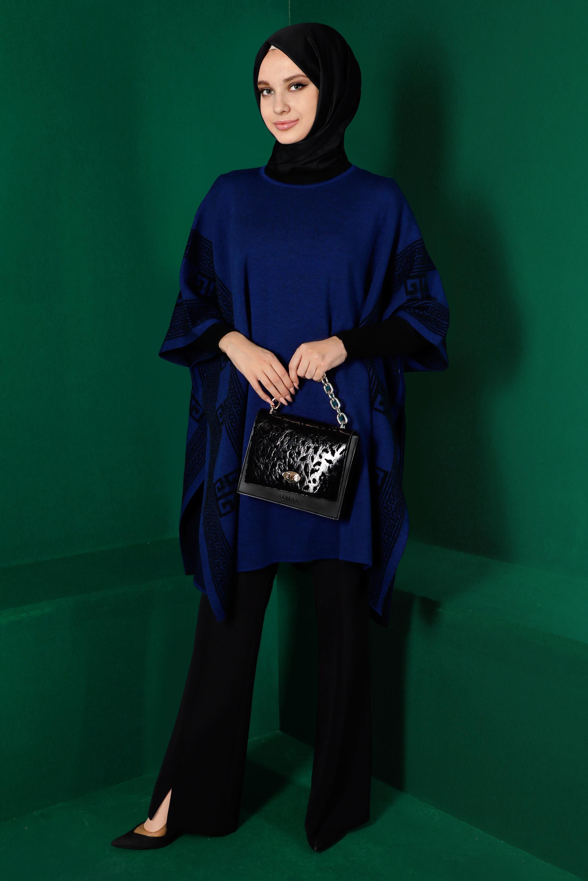 Tesettür giyim MAVİ YARASA KOL TRİKO PANÇO 43206