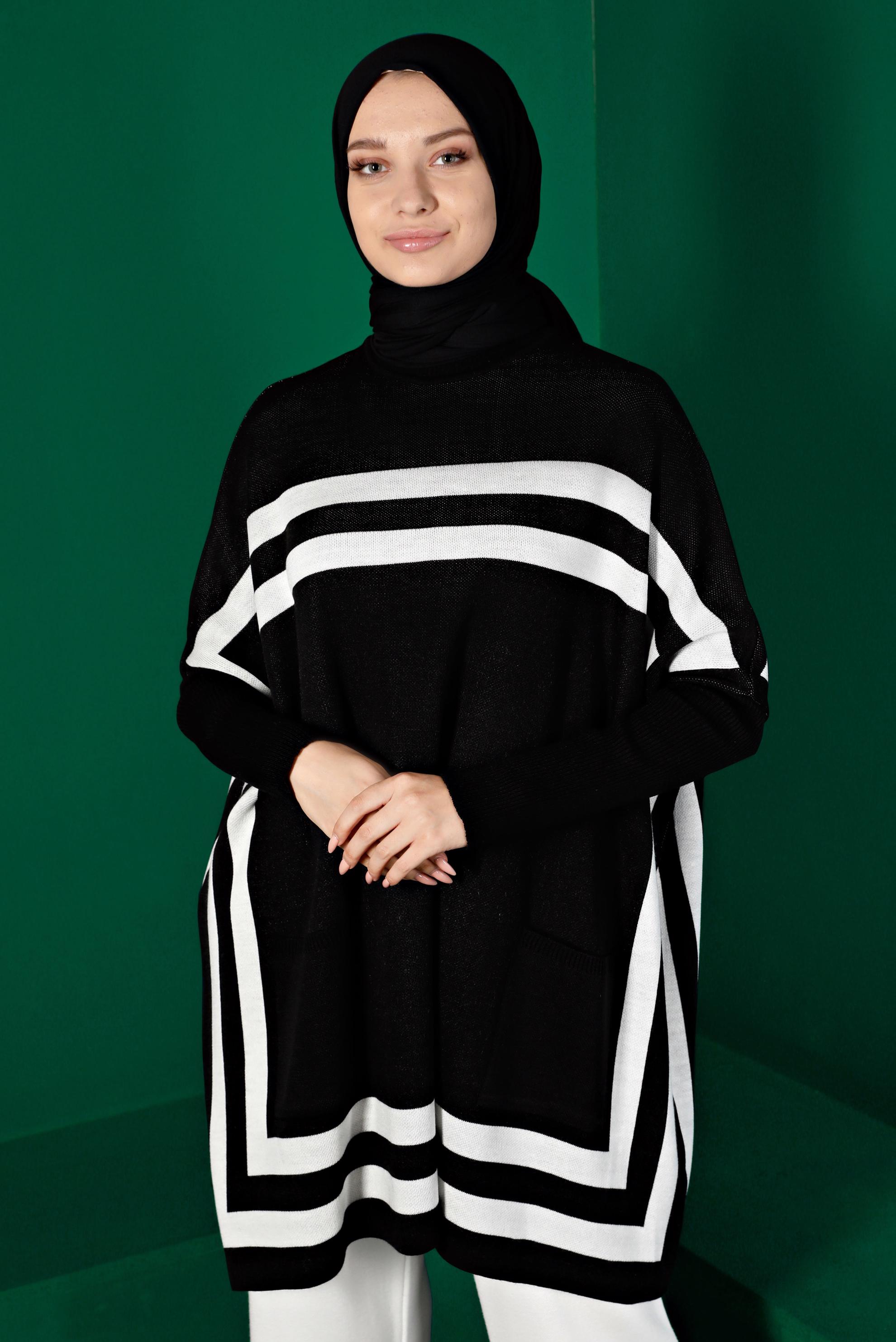 Vêtements hijab NOIR PONCHO EN MAILLE À RAYURES 43207