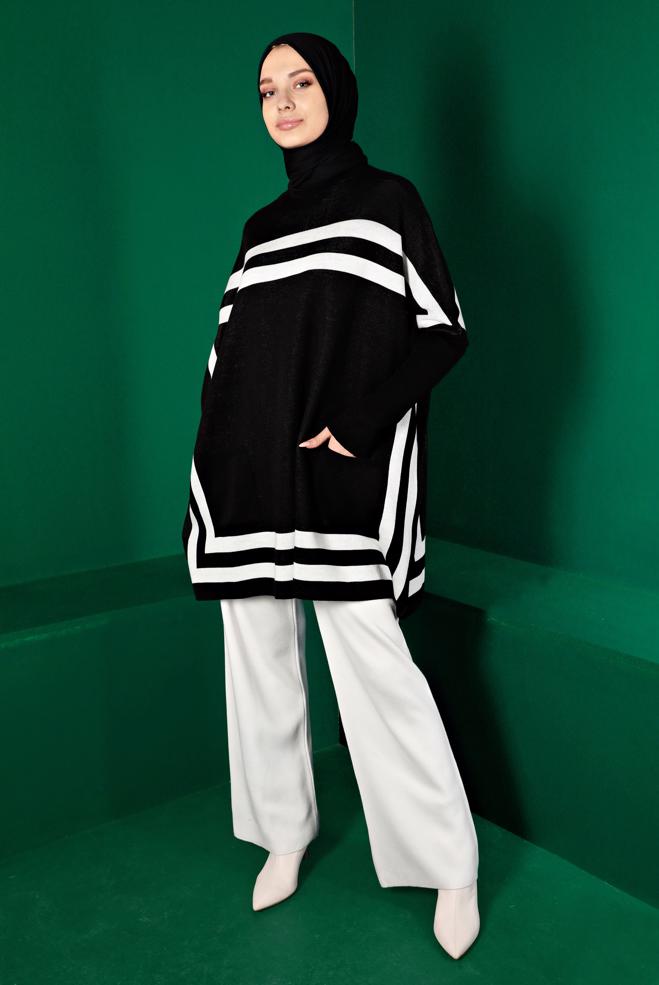 Tesettür giyim SİYAH ŞERİTLİ TRİKO PANÇO 43207 - ALVİNA