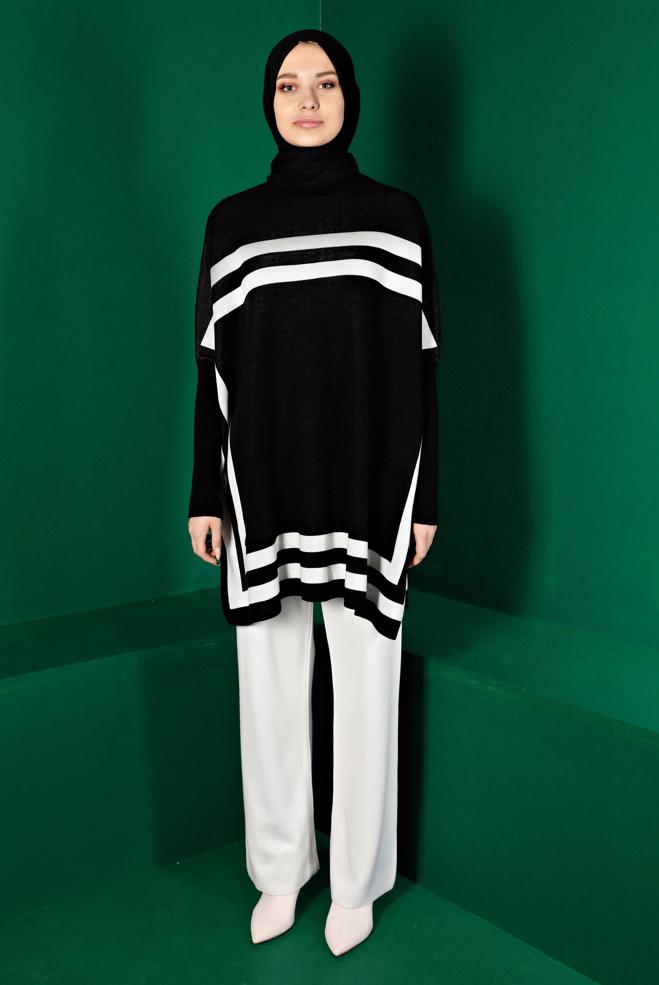 Tesettür giyim SİYAH ŞERİTLİ TRİKO PANÇO 43207 - ALVİNA