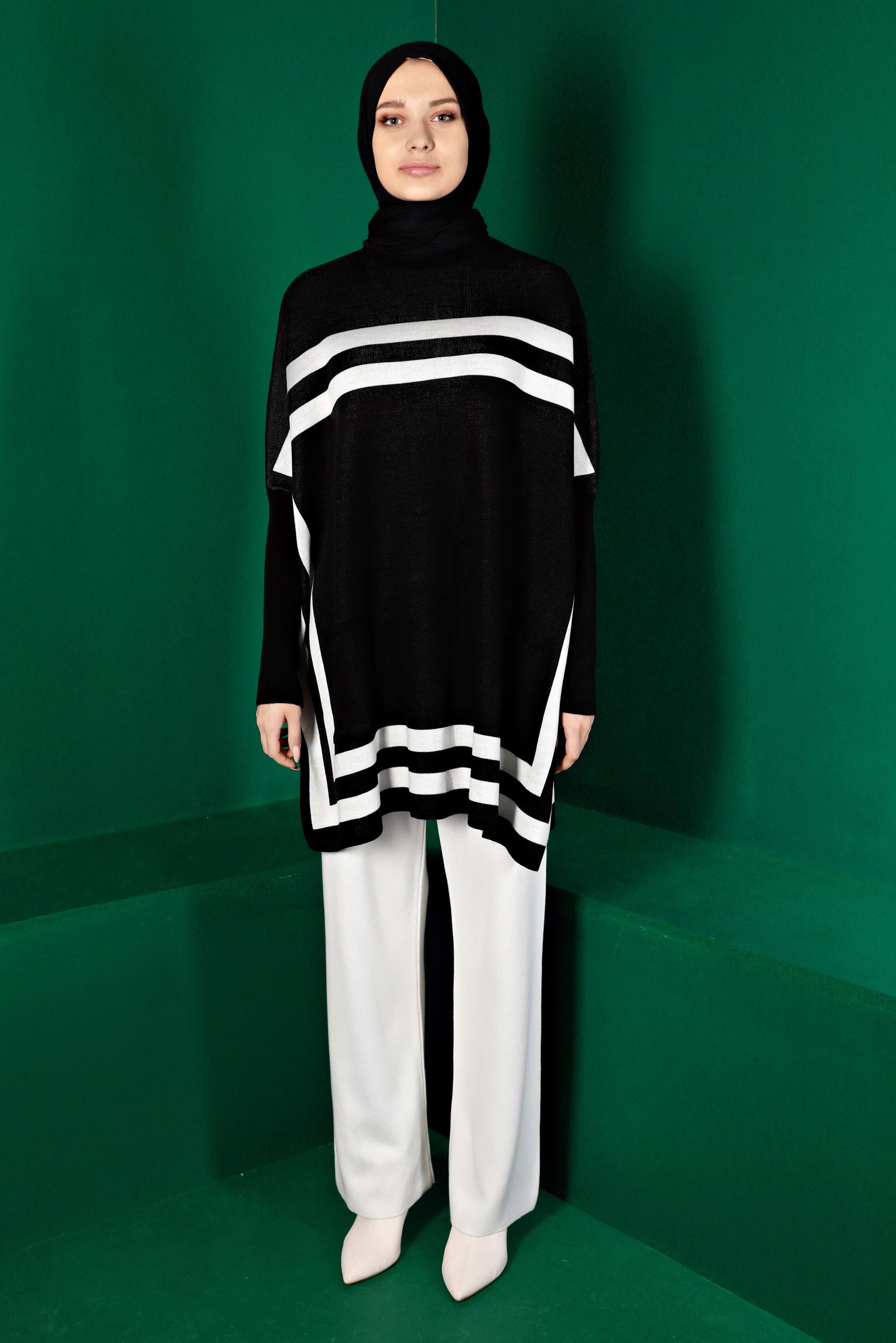 Vêtements hijab NOIR PONCHO EN MAILLE À RAYURES 43207