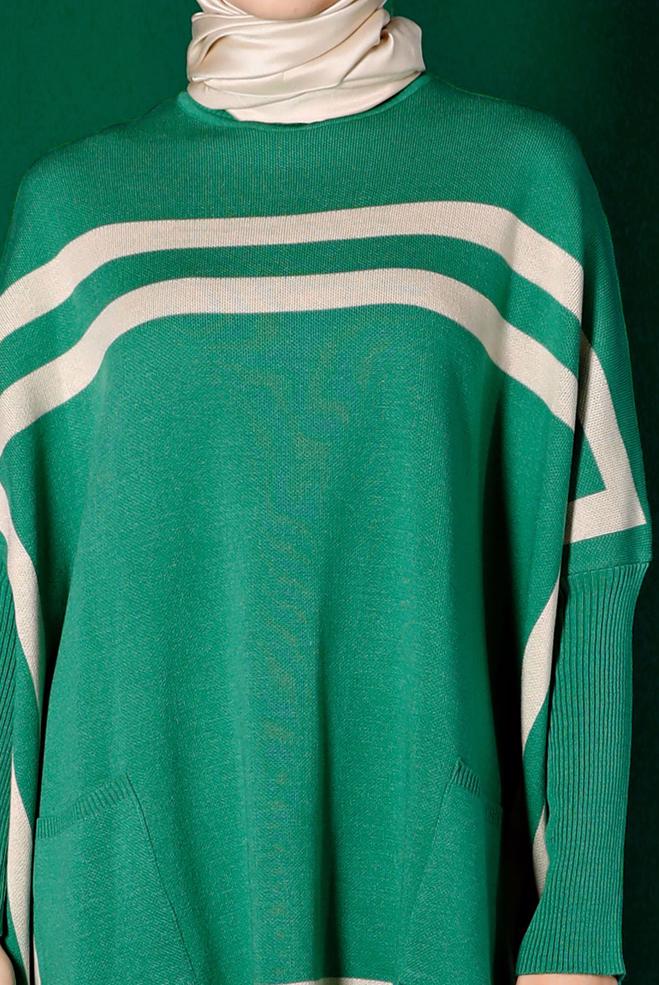 Tesettür giyim YEŞİL ŞERİTLİ TRİKO PANÇO 43207 - ALVİNA