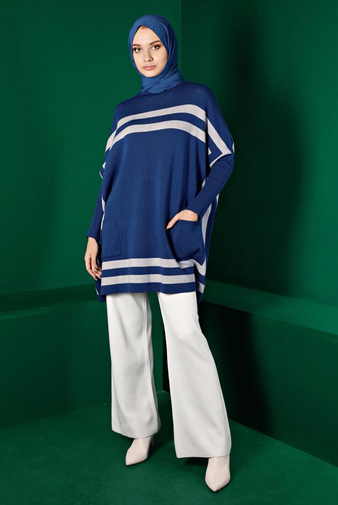 Tesettür giyim LACİVERT ŞERİTLİ TRİKO PANÇO 43207 - ALVİNA