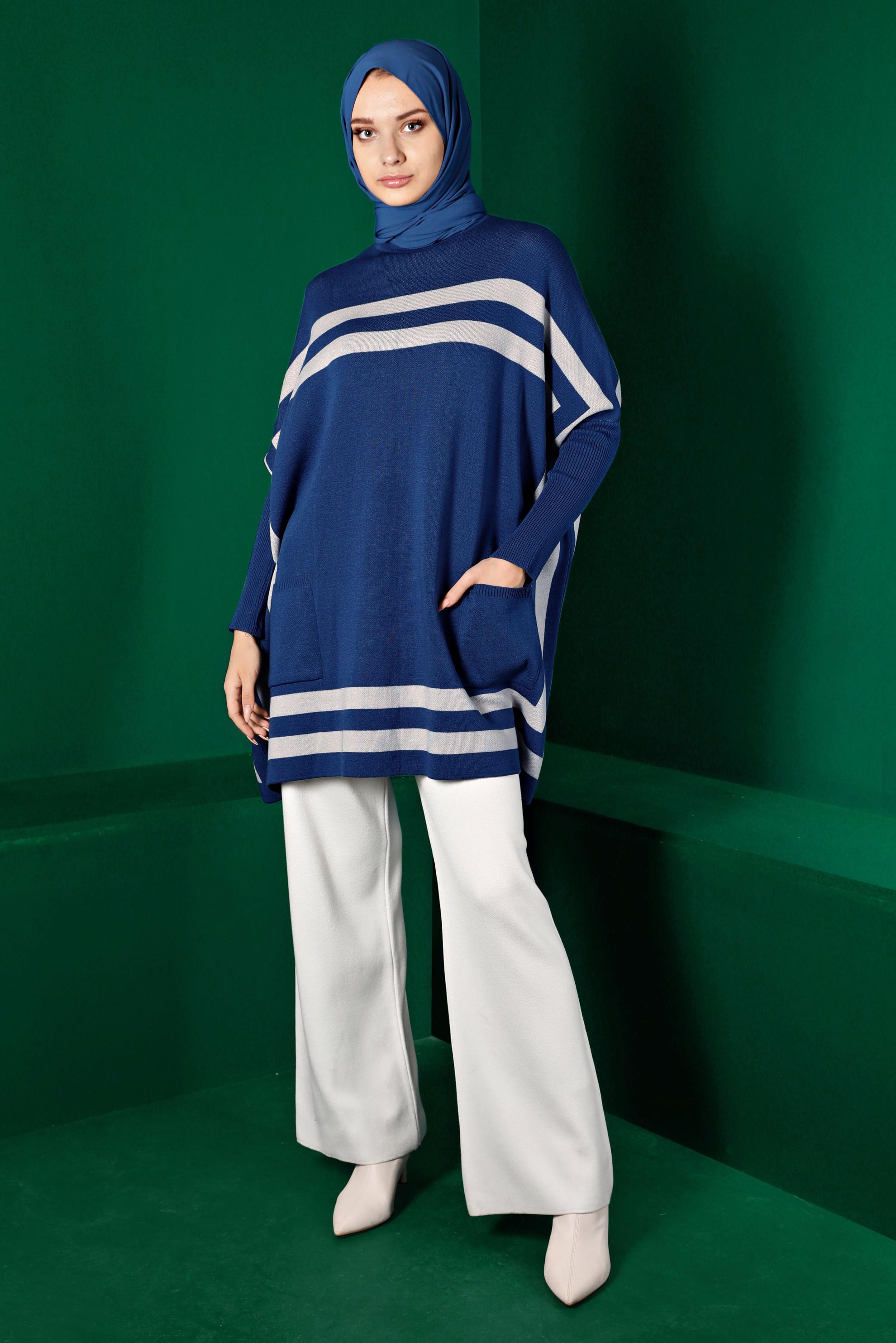Vêtements hijab BLEU MARINE PONCHO EN MAILLE À RAYURES 43207