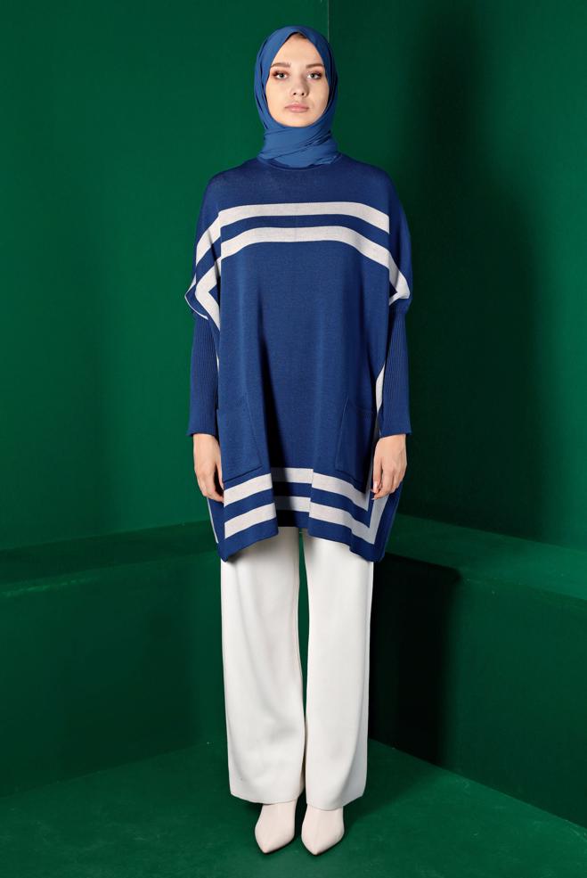 Tesettür giyim LACİVERT ŞERİTLİ TRİKO PANÇO 43207 - ALVİNA
