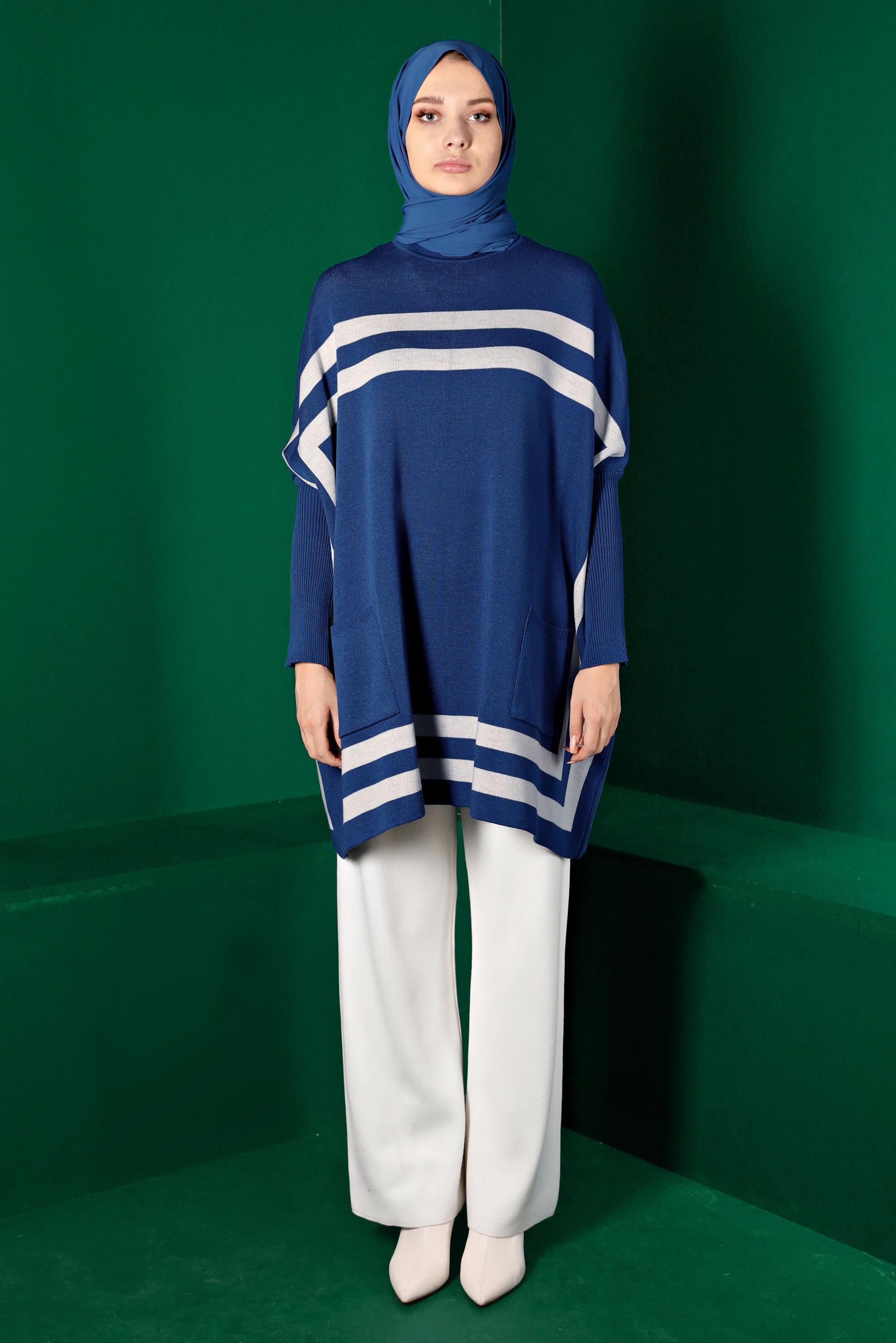 Vêtements hijab BLEU MARINE PONCHO EN MAILLE À RAYURES 43207