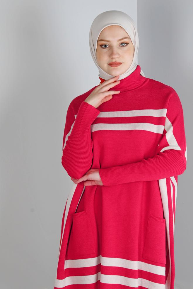 Tesettür giyim MERCAN ŞERİTLİ TRİKO PANÇO 43207 - ALVİNA
