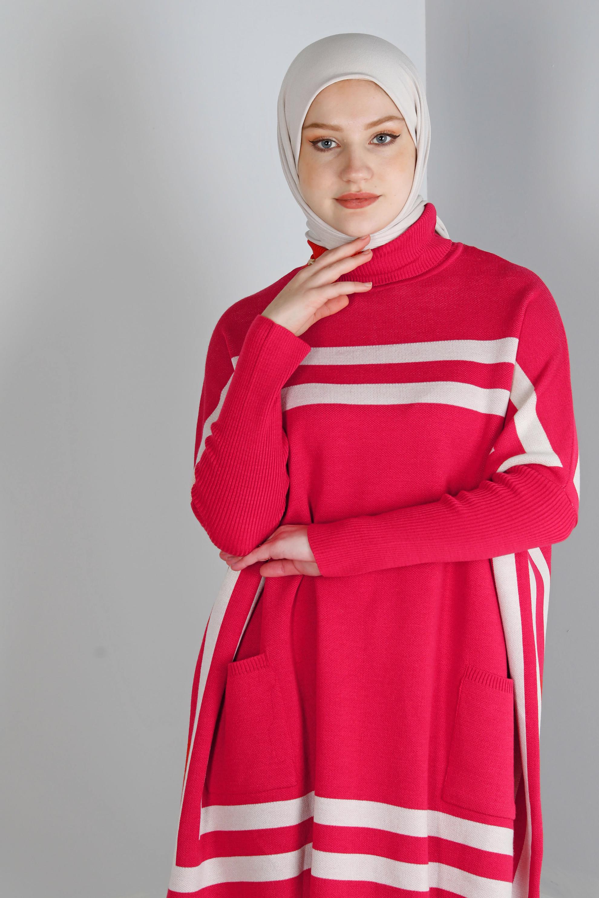 Vêtements hijab CORAIL PONCHO EN MAILLE À RAYURES 43207