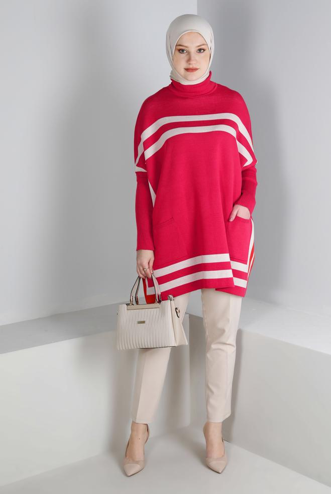 Tesettür giyim MERCAN ŞERİTLİ TRİKO PANÇO 43207 - ALVİNA