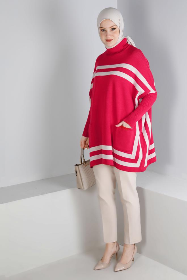 Tesettür giyim MERCAN ŞERİTLİ TRİKO PANÇO 43207 - ALVİNA