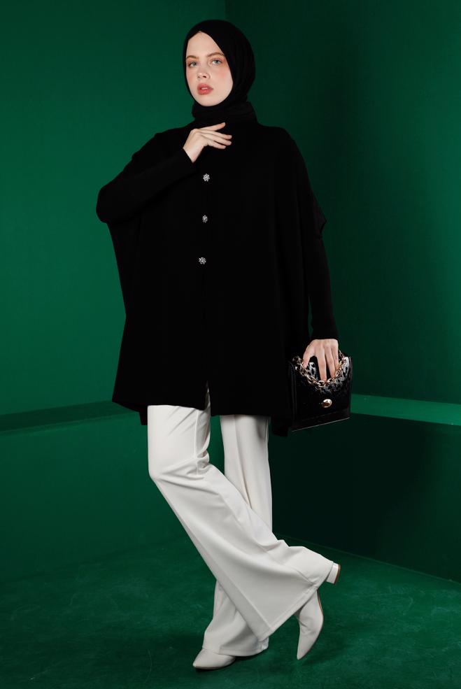 Tesettür giyim SİYAH TAŞLI DÜĞMELİ TRİKO PANÇO 43208  - ALVİNA