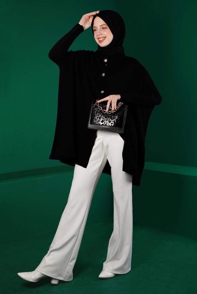 Tesettür giyim SİYAH TAŞLI DÜĞMELİ TRİKO PANÇO 43208  - ALVİNA