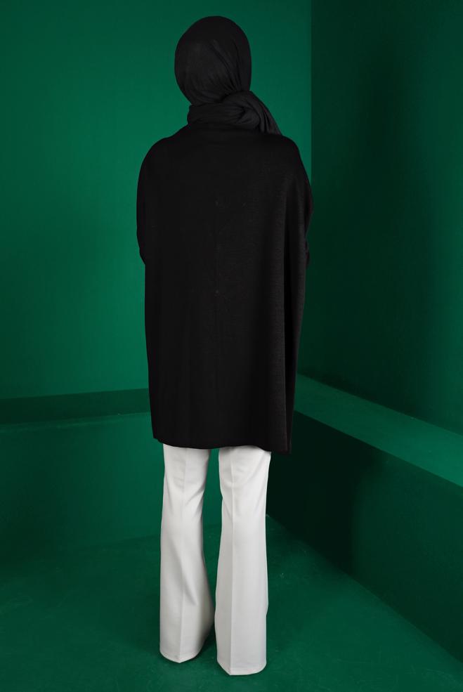 Tesettür giyim SİYAH TAŞLI DÜĞMELİ TRİKO PANÇO 43208  - ALVİNA