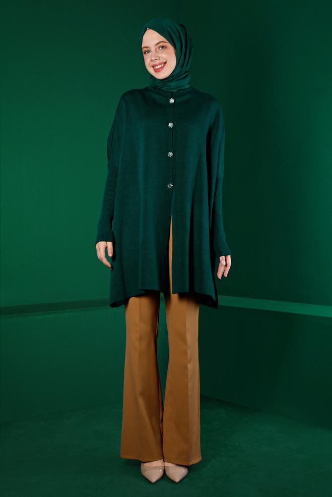 Tesettür giyim YEŞİL TAŞLI DÜĞMELİ TRİKO PANÇO 43208  - ALVİNA