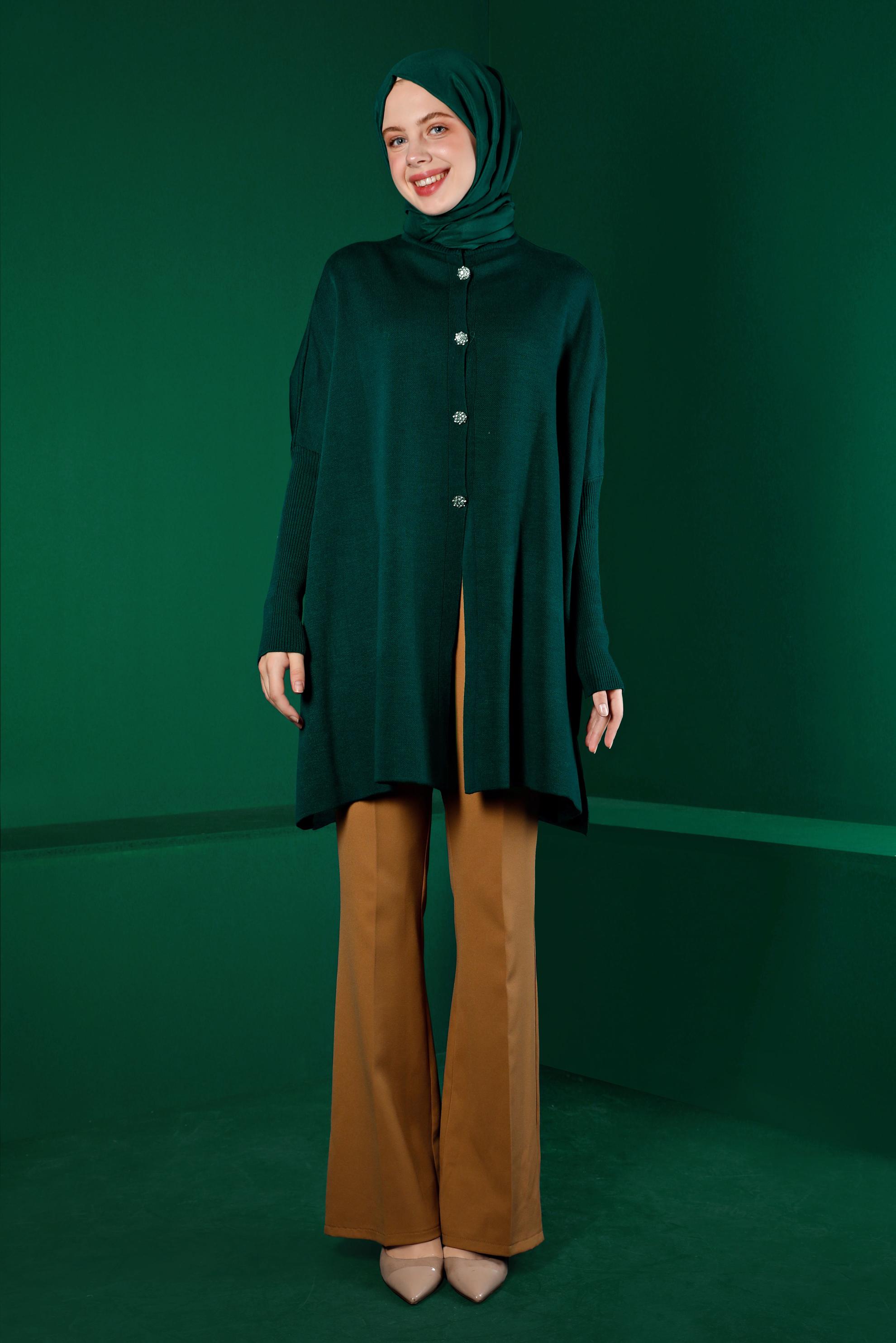 Tesettür giyim YEŞİL TAŞLI DÜĞMELİ TRİKO PANÇO 43208 