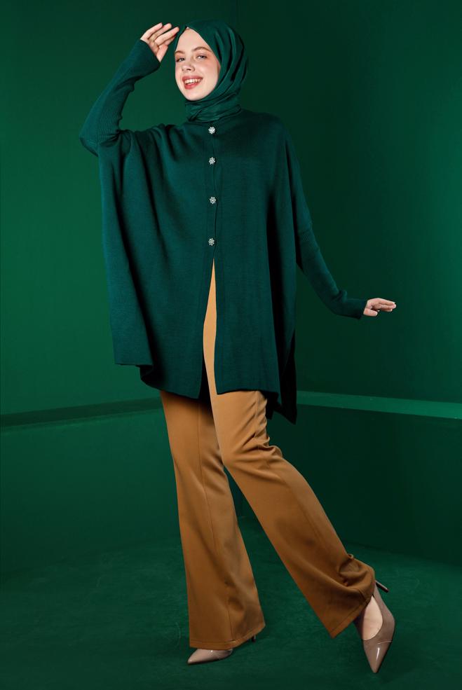 Tesettür giyim YEŞİL TAŞLI DÜĞMELİ TRİKO PANÇO 43208  - ALVİNA