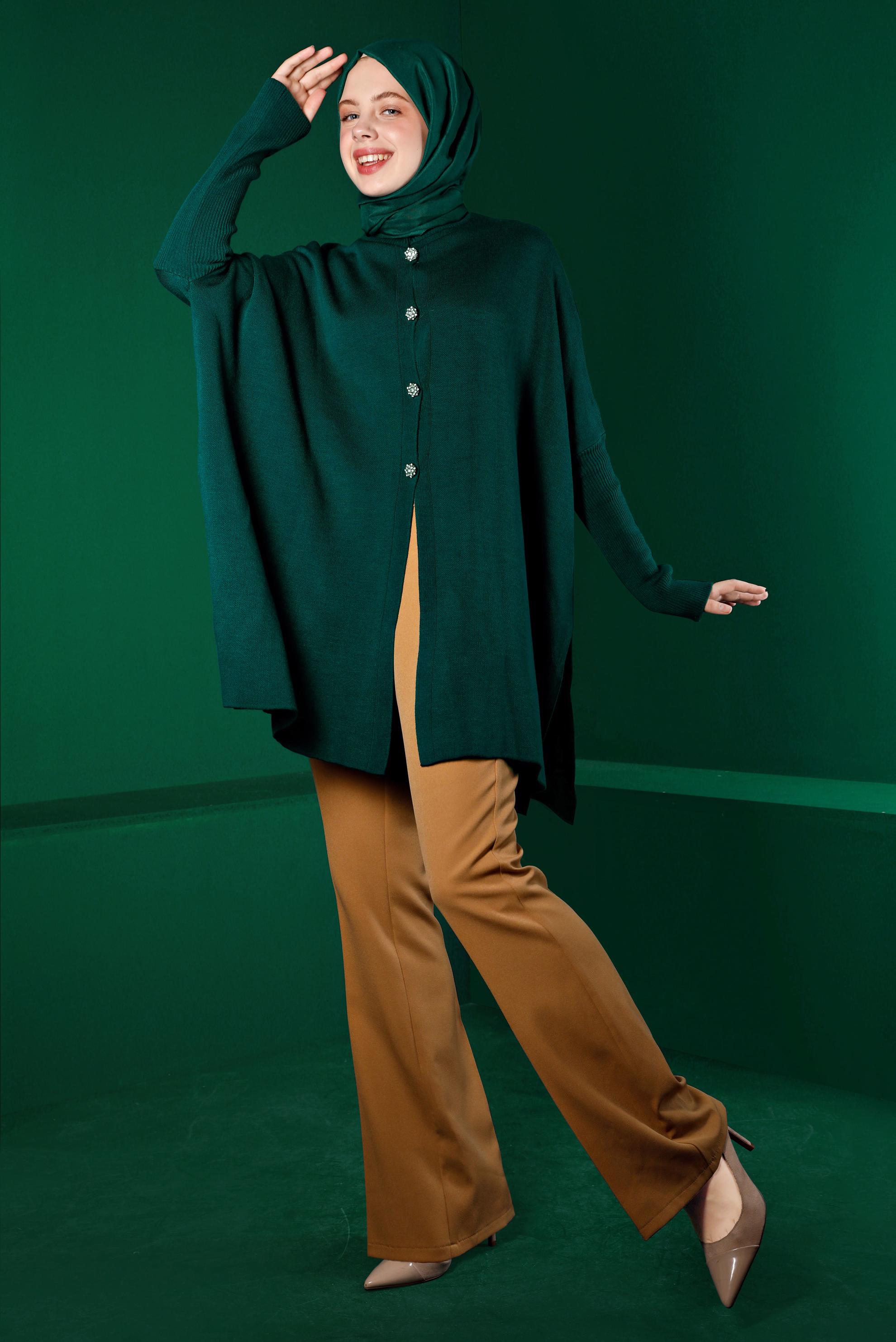 Tesettür giyim YEŞİL TAŞLI DÜĞMELİ TRİKO PANÇO 43208 