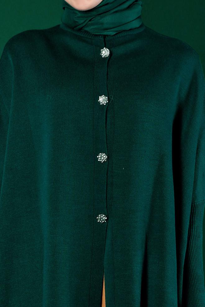 Tesettür giyim YEŞİL TAŞLI DÜĞMELİ TRİKO PANÇO 43208  - ALVİNA
