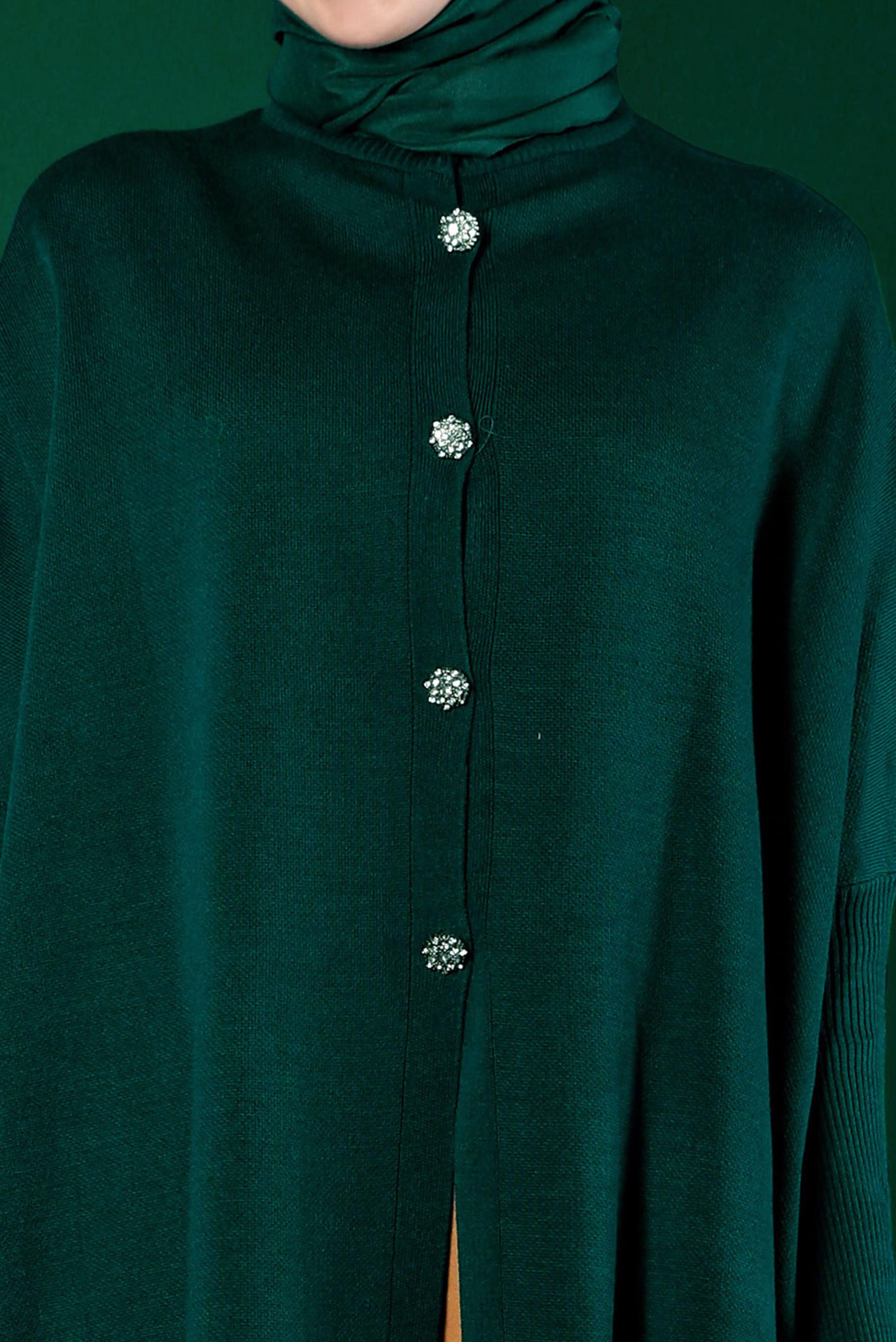 Tesettür giyim YEŞİL TAŞLI DÜĞMELİ TRİKO PANÇO 43208 