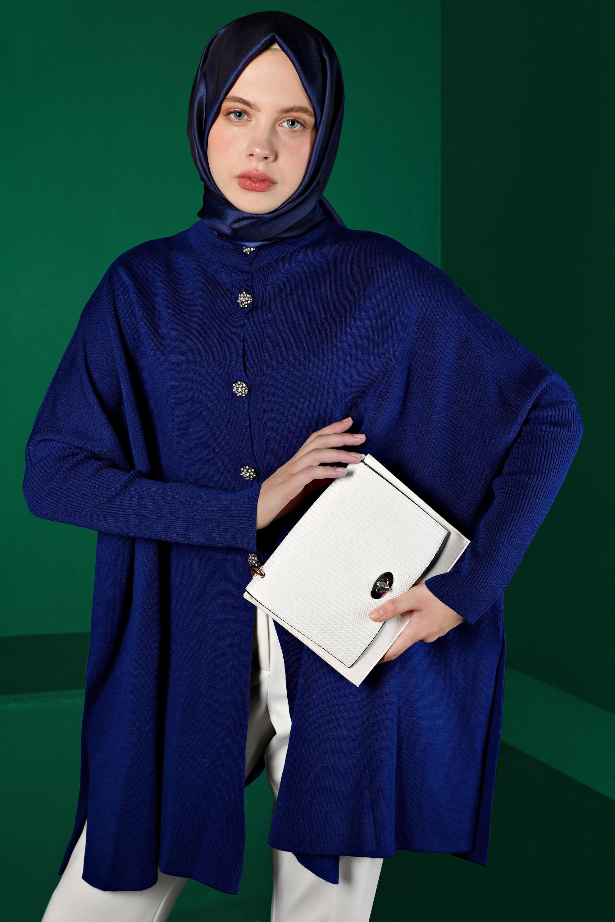 Vêtements hijab BLEU PONCHO EN MAILLE AVEC BOUTONS GEM 43208