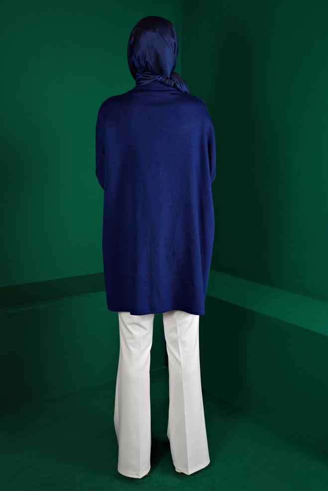 Tesettür giyim MAVİ TAŞLI DÜĞMELİ TRİKO PANÇO 43208  - ALVİNA