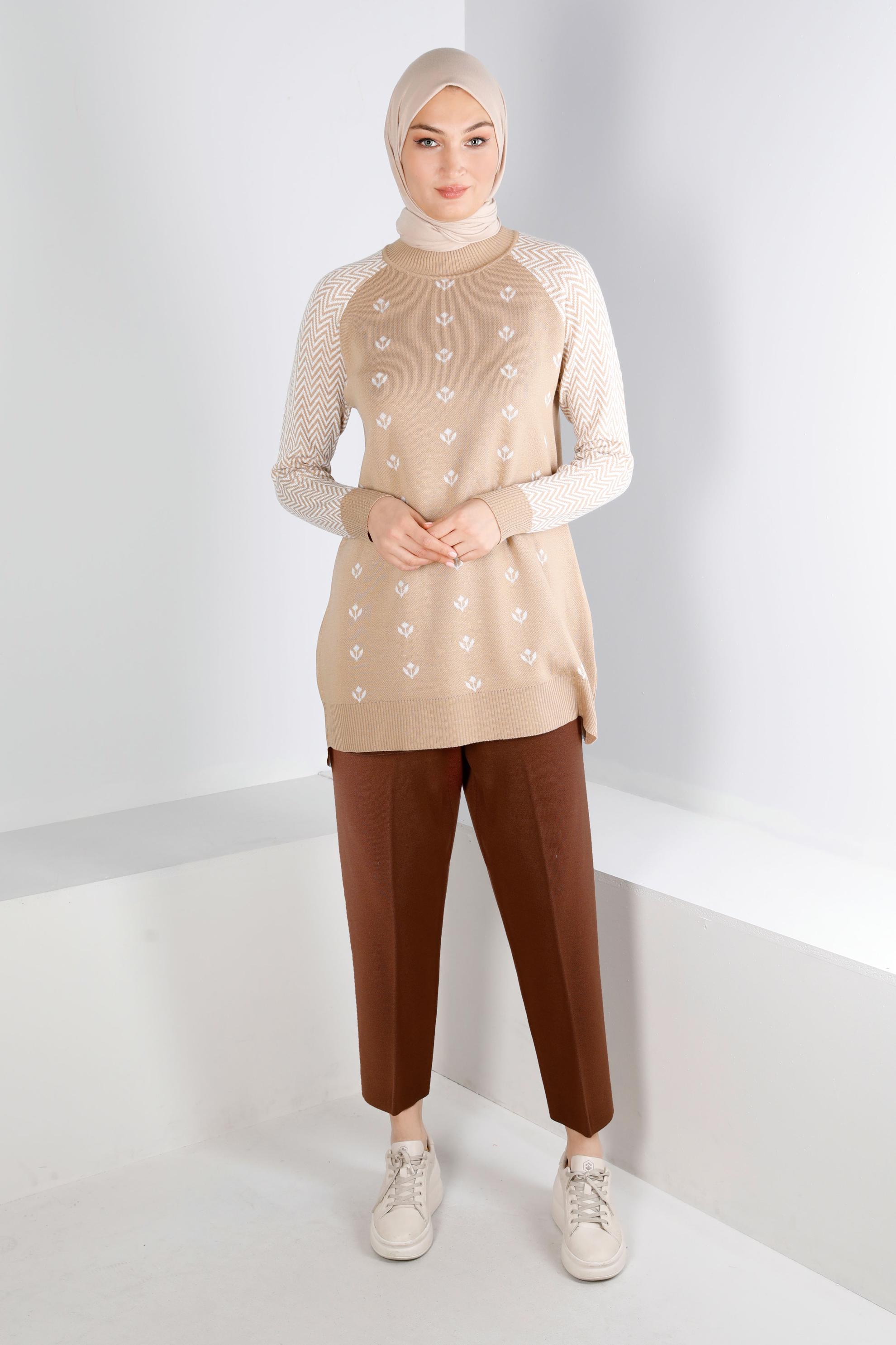 Tesettür giyim KAHVE BELİ LASTİKLİ TRİKO PANTOLON 70430 