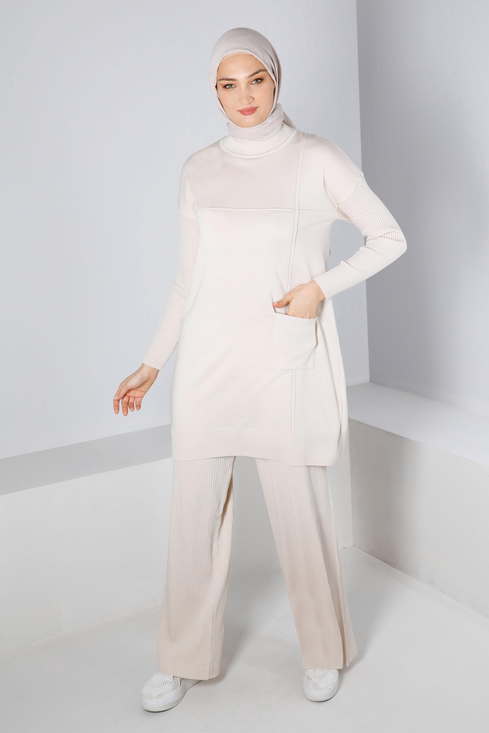 Tesettür giyim BEJ FİTİLLİ TRİKO PANTOLON 70432 